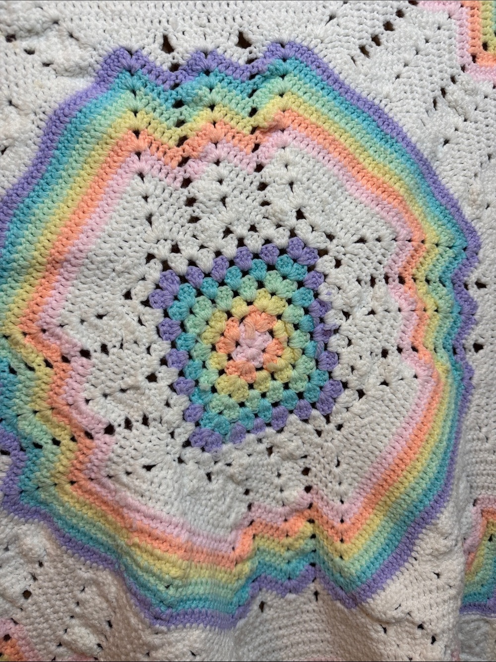 Handmade Crochet White Baby Blanket with Pastel Rainbow Stripes